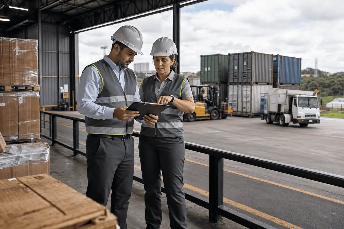Profissionais acompanhando uma operação de logística internacional